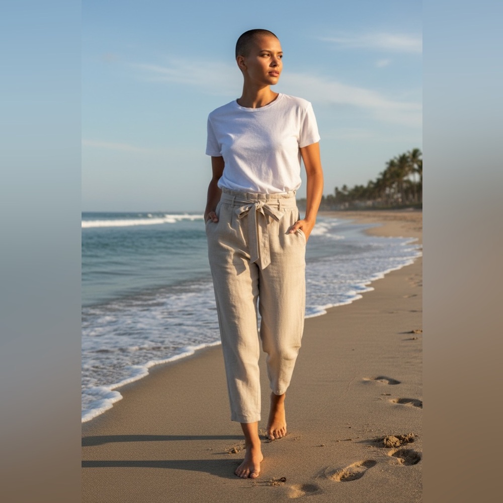 LOFT Women’s Beige Tie Waist Pants Linen Cotton Blend Caribbean Vacation M